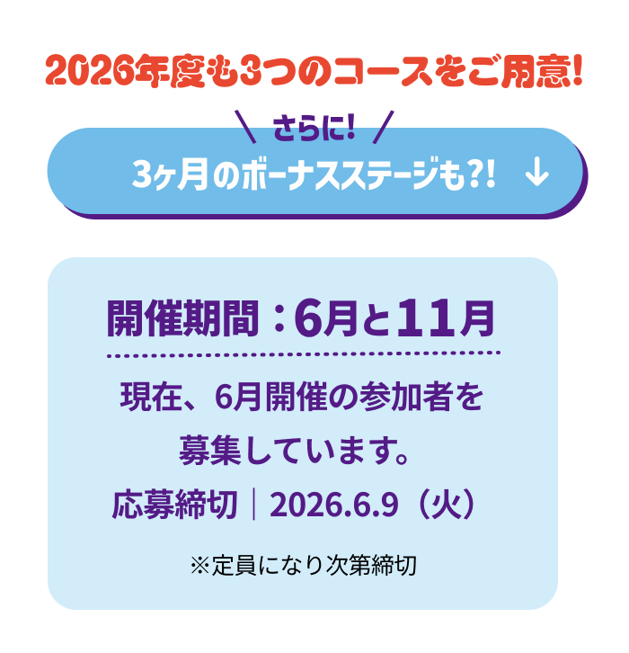 2026年度も3つのコースをご用意!さらに!3ヶ月のボーナスステージも?!開催期間:6月と11月現在、6月開催の参加者を募集しています。応募締切|2026.6.9(火)※定員になり次第締切