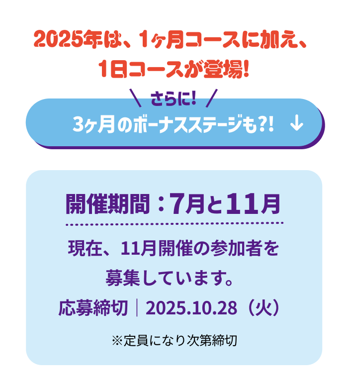2025年は、1ヶ月コースに加え、1日コースが登場!さらに3ヶ月のボーナスステージも?!開催期間：7月と11月 現在、11月開催の参加者を募集しています。応募締切｜2025.10.28（火）※定員になり次第締切